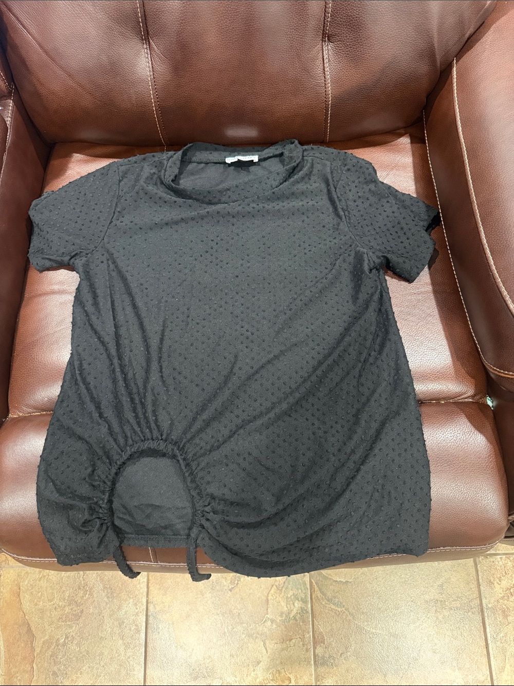 Black Short-Sleeve Textured Tee with Front Ruched Tie